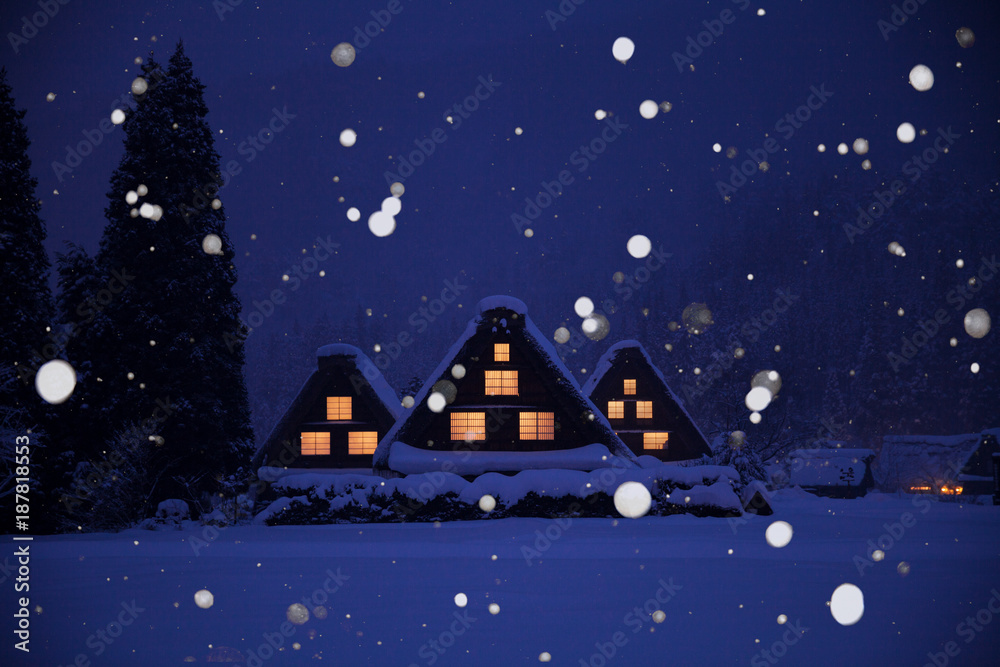 Naklejka premium 白川郷 雪蛍が舞う合掌集落