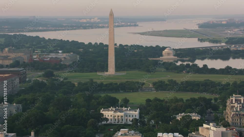 Washington, D.C. circa-2017, Aerial view of White House, Washington Monument and Jefferson Memorial.  Shot with Cineflex and RED Epic-W Helium. 