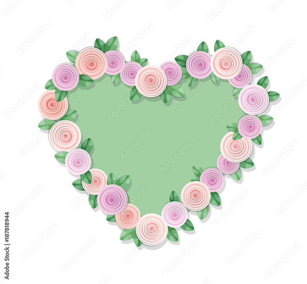 Heart frame decorated with roses. Isolated on white.