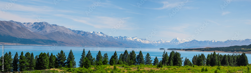 Panorama view of Beautiful scene of Mt Cook in summer beside the lake with green tree and blue sky. New Zealand