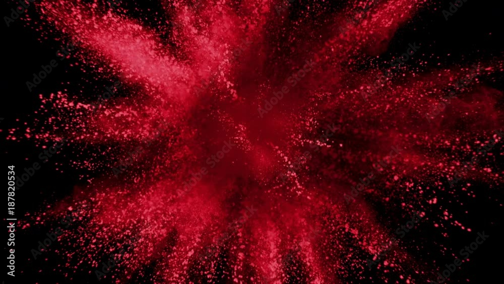Red powder exploding on black background in super slow motion, shot with Phantom Flex 4K