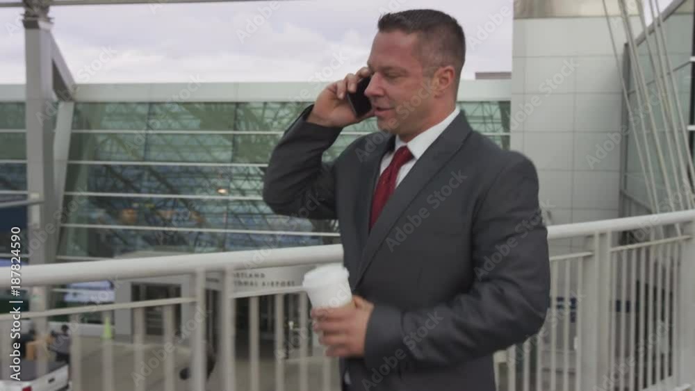 Businessman walking and talking on cell phone at airport Businessman walking and talking on cell phone at airport