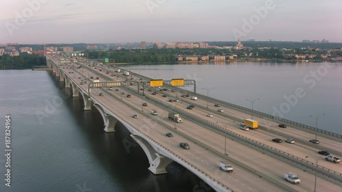 Washington, D.C. circa-2017, Aerial view of traffic on the Woodrow Wilson Bridge over the Potomac River.  Shot with Cineflex and RED Epic-W Helium.  photo