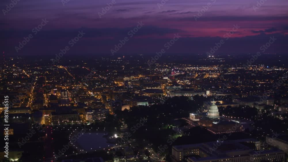 Washington, D.C. circa-2017, Wide aerial view of city and Capitol at dawn. Shot with Cineflex and RED Epic-W Helium. Washington, D.C. circa-2017, Wide aerial view of city and Capitol at dawn. Shot with Cineflex and RED Epic-W Helium.