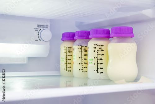 Breast Milk In The Bottle Inside Refrigerator  , Newborn Food Concept