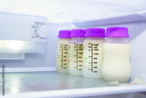 Breast Milk In The Bottle Inside Refrigerator  , Newborn Food Concept