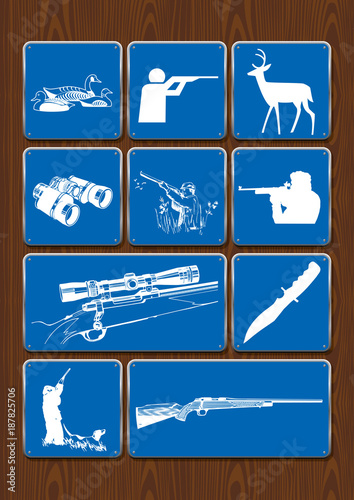 Set icons of ducks, hunter, deer, binoculars, telescopic sight, rifle. Icons in blue color on wooden background. Vector image