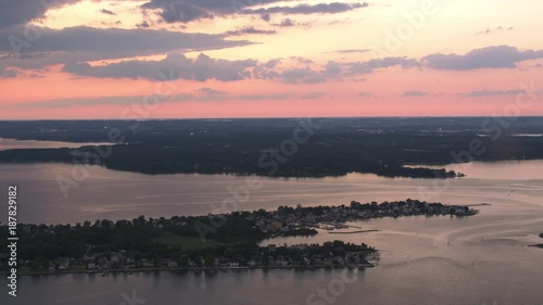 Baltimore, Maryland circa-2017, Aerial view of Chesapeake Bay at sunset.  Shot with Cineflex and RED Epic-W Helium. 