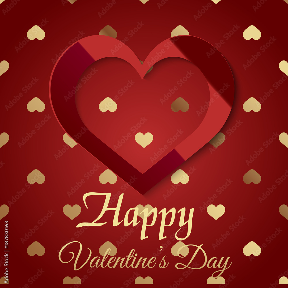 Valentine's day greeting card with glowing red heart and golden text. Vector