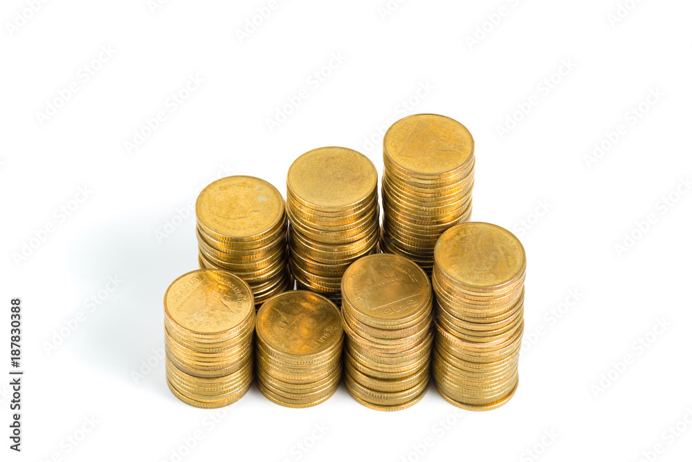 Increasing columns of coins, step of stacks coin isolated on white background with copy space for business and financial concept. Increasing columns of coins, step of stacks coin isolated on white background with copy space for business and financial concept.
