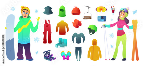 Ski and snowboarding collection icons equipment and funny characters design