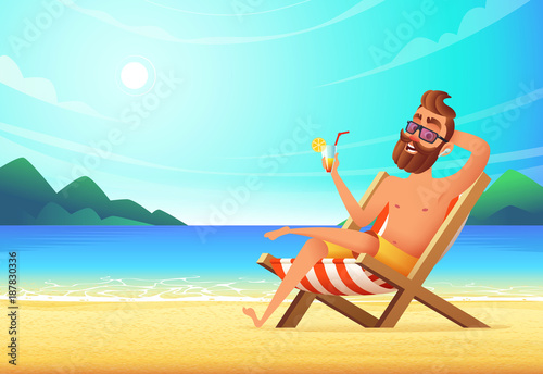 A man lies on a lounger on a sandy beach, drinks a cocktail and relaxes. Vacation at sea, vector illustration