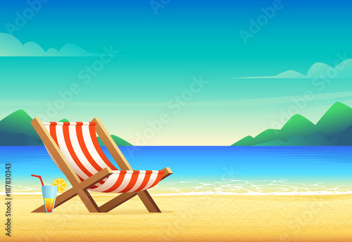 Cartoon style beach chair illustration. Sunbed on sandy bay