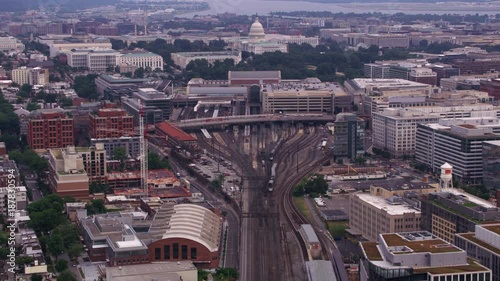 Washington, D.C. circa-2017, Aerial view of Union Station tracks leading to Capitol.  Shot with Cineflex and RED Epic-W Helium.  photo