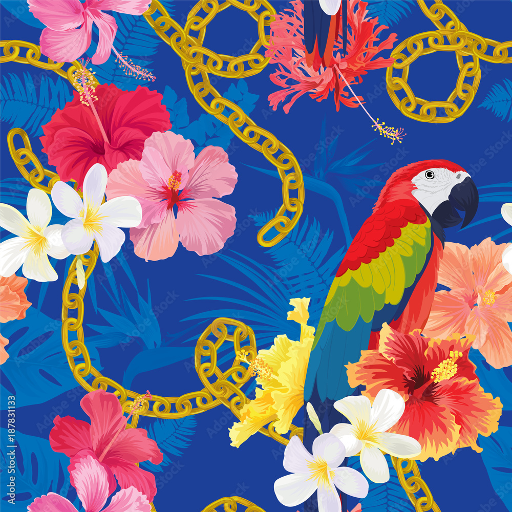 Beautiful seamless pattern with hibiscus syriacus flowers and macaw on blue background. Vector set of blooming tropical floral for wedding invitations, greeting card and fashion design.