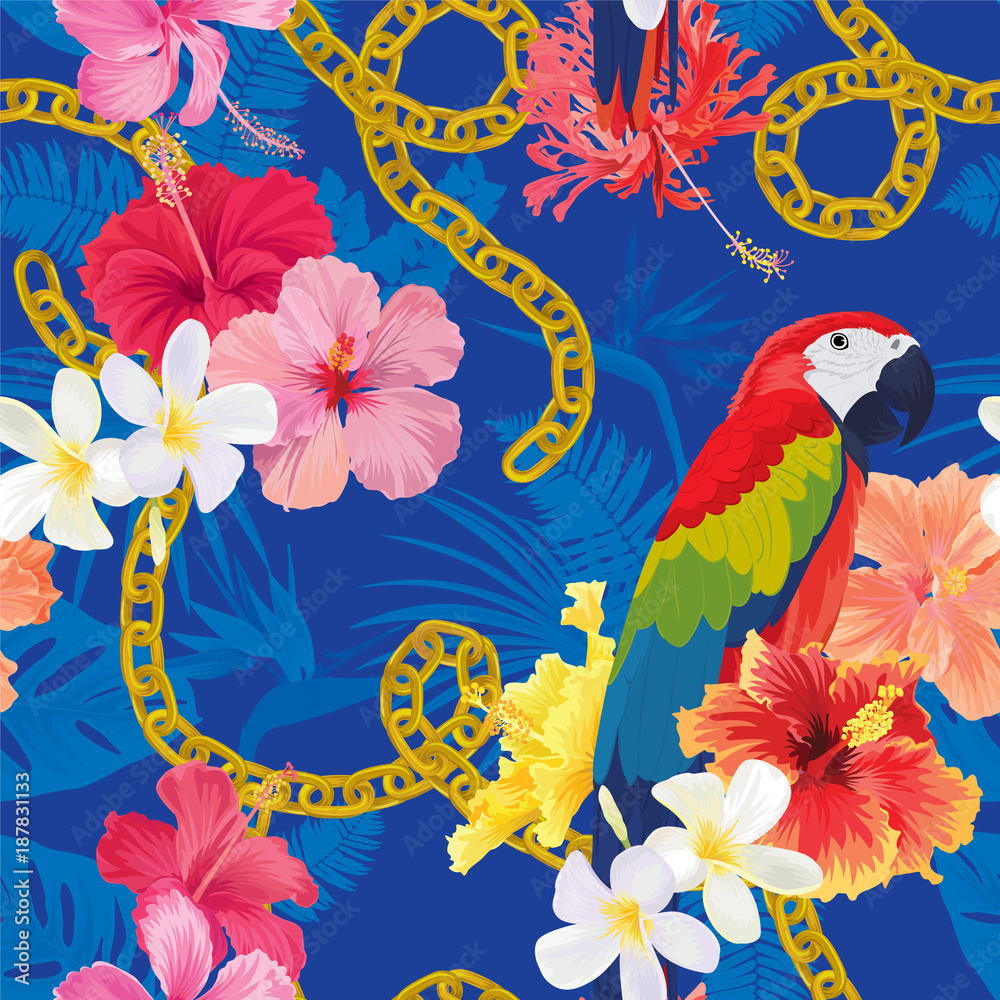Obraz premium Beautiful seamless pattern with hibiscus syriacus flowers and macaw on blue background. Vector set of blooming tropical floral for wedding invitations, greeting card and fashion design.