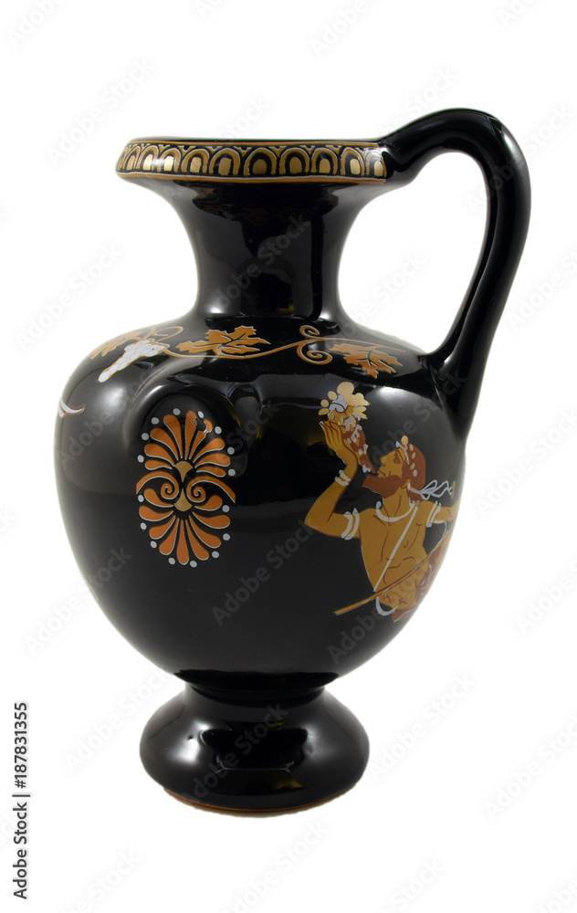 Ancient Greek vase with mythological paintings on white background.