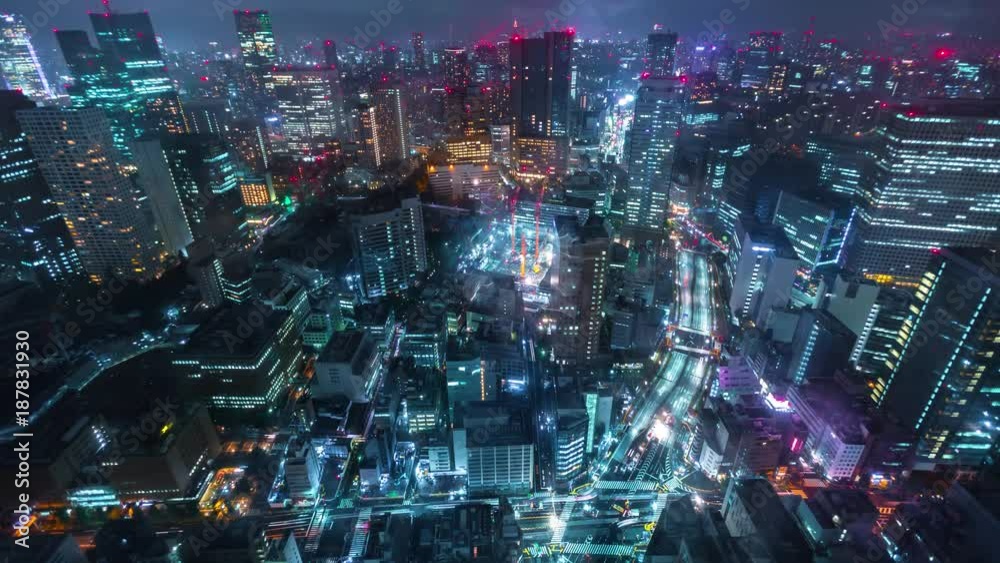Time-lapse of traffic moving through Toranomon, Tokyo, Japan at night