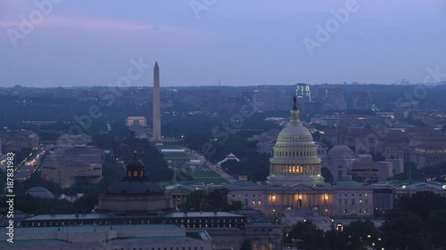 Washington, D.C. circa-2017, Aerial view of Capitol Dome and Library of Congress at dusk.  Shot with Cineflex and RED Epic-W Helium. 