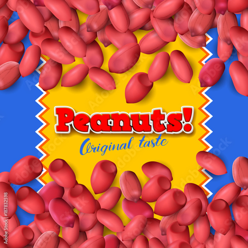 Arachis or peanuts background with red scattered nuts and beans