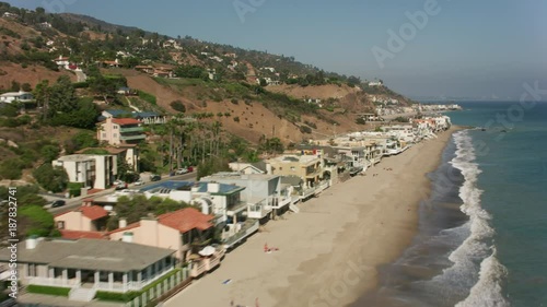 Malibu, California circa-2017, Aerial shot of Malibu beach and Pacific Ocean.  Shot with Cineflex and RED Epic-W Helium.  photo