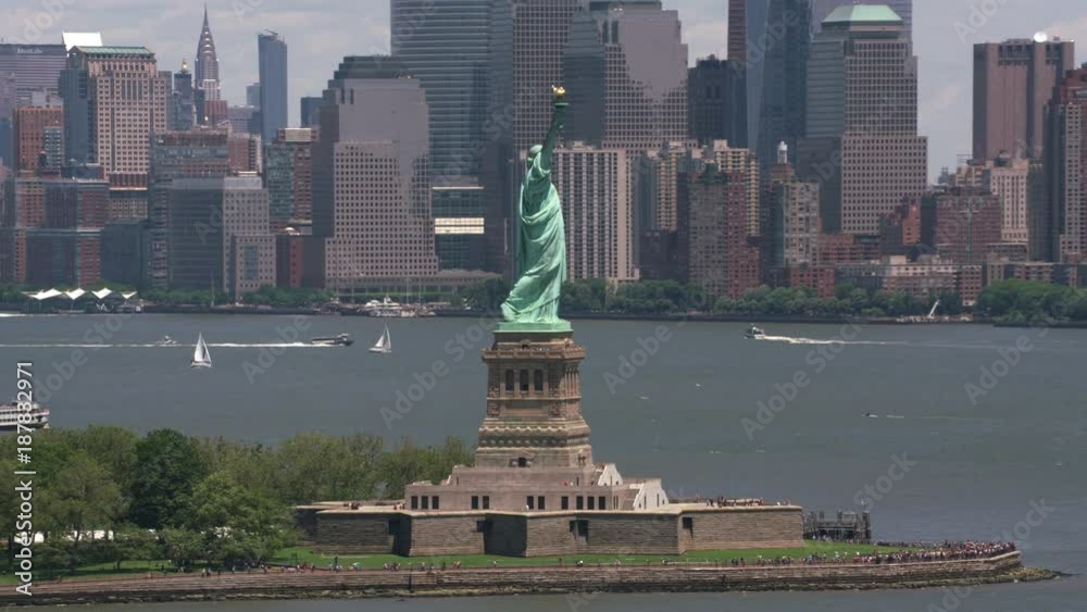 New York City, New York circa-2017, Daytime aerial view of Statue of Liberty in New York City.  Shot with Cineflex and RED Epic-W Helium. 