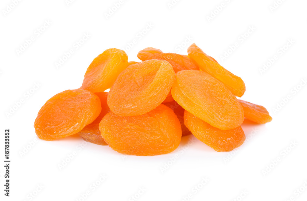 pile of dried ripe apricots on white background pile of dried ripe apricots on white background