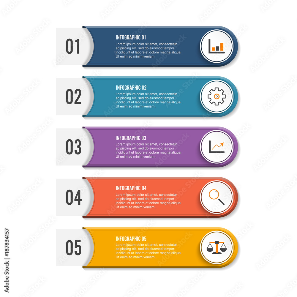 Modern infographic elements. Vector banner with 5 options. Design template with circles and icons. Can be used for workflow layout, diagram, report, number and step up options, web design. Modern infographic elements. Vector banner with 5 options. Design template with circles and icons. Can be used for workflow layout, diagram, report, number and step up options, web design.