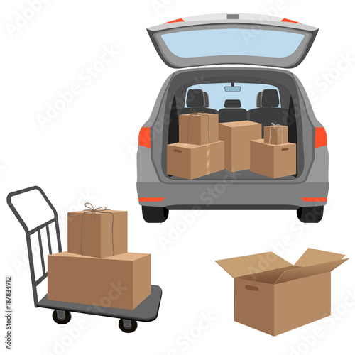 Estate car with opened trunk and cardboard boxes inside. House move or relocation. Vector illustration isolated on white background.