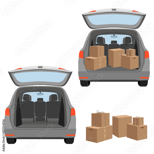 Estate car with opened trunk and cardboard boxes inside. House move or relocation. Vector illustration isolated on white background.