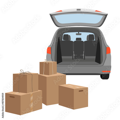 Estate car with opened trunk and cardboard boxes inside. House move or relocation. Vector illustration isolated on white background.