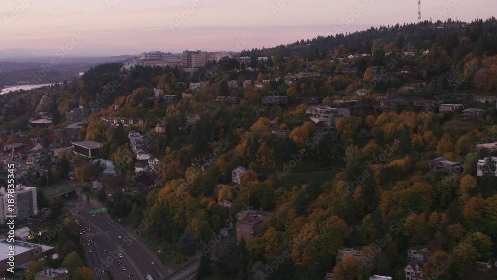 Portland, Oregon circa-2017, Aerial shot of Portland's west hills in Fall. Shot with Cineflex and RED Epic-W Helium. Portland, Oregon circa-2017, Aerial shot of Portland's west hills in Fall. Shot with Cineflex and RED Epic-W Helium.