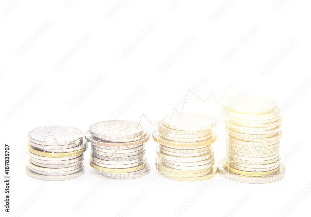 Rows coins for finance and banking concept on white background, color filter, graphs and chart Rows coins for finance and banking concept on white background, color filter, graphs and chart