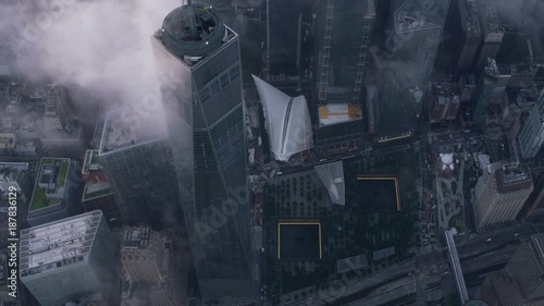 New York City circa-2017, High angle view of One World Trade Center and World Trade Center Memorial.  Shot with Cineflex and RED Epic-W Helium. 