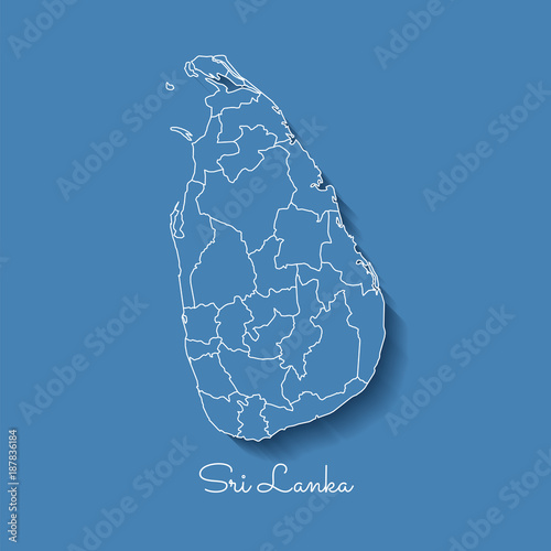 Sri Lanka region map: blue with white outline and shadow on blue background. Detailed map of Sri Lanka regions. Vector illustration.