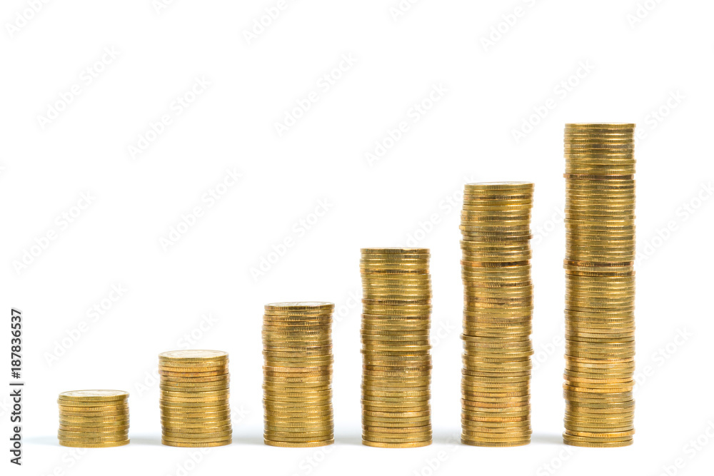 Increasing columns of coins, step of stacks coin isolated on white background with copy space for business and financial concept. Increasing columns of coins, step of stacks coin isolated on white background with copy space for business and financial concept.
