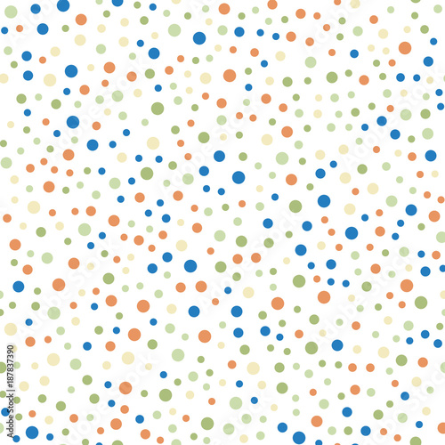 Colorful polka dots seamless pattern on white 6 background. Delicate classic colorful polka dots textile pattern. Seamless scattered confetti fall chaotic decor. Abstract vector illustration.