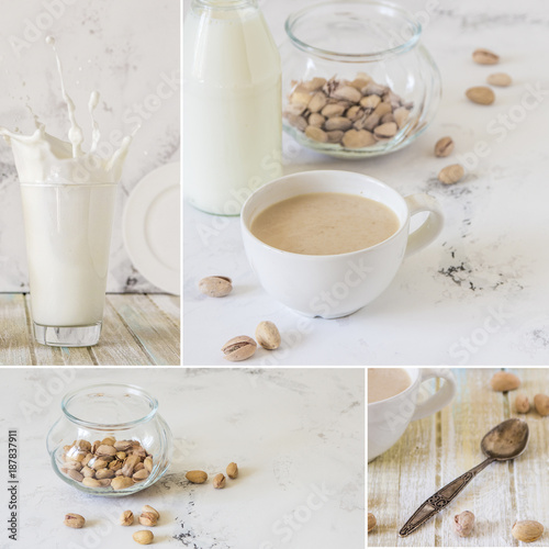 Collage with milk  coffee and pistachio on a light background