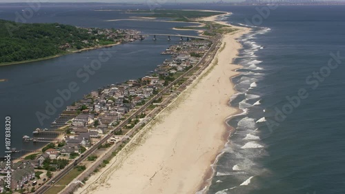 New Jersey circa-2017, Flying up New Jersey beach towards Sandy Hook with New York City in distance.  Shot with Cineflex and RED Epic-W Helium.  photo