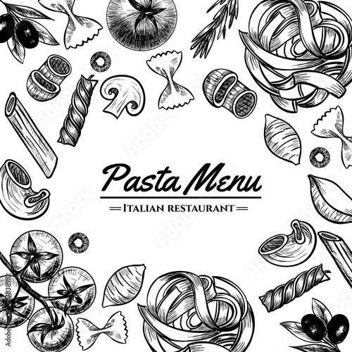 Italian pasta frame . Hand drawn vector illustration of an Italian pasta on a blackboard, sketch . Classic italian cuisine.