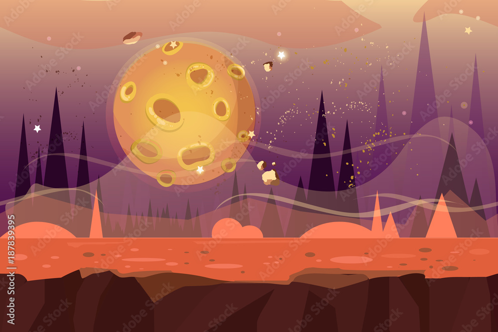 Seamless cartoon alien desert landscape. Vector unending background