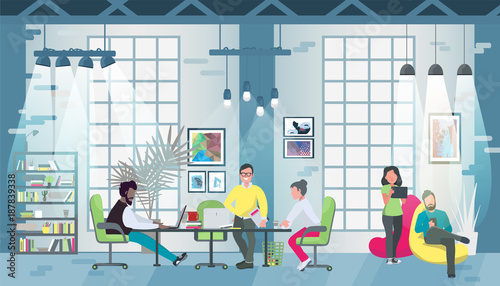 Coworking office concept design for web banners, infographics. Multicultural team works together in coworking place. Concept of the coworking center. Vector flat style illustration.