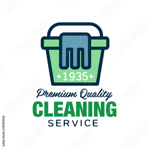 Home and apartment cleaning service logo in linear style. Green bucket with blue rag icon. Flat vector design for flyer, poster, company or agency insignia
