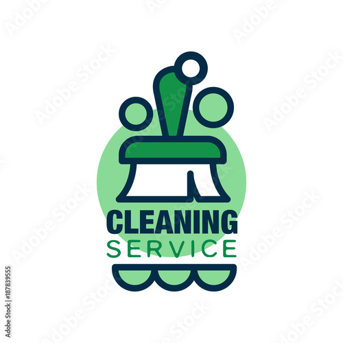 Linear style logo for cleaning service with brush and green circles. Professional cleaner help for housekeeping. Simple flat icon. Vector for card, poster or flyer
