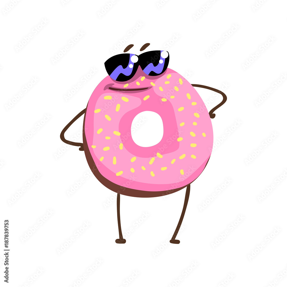 Awesome donut character in sunglasses standing with arms akimbo. Cartoon doughnut with pink vanilla glaze and sprinkles. Flat vector for sticker, greeting card, print Awesome donut character in sunglasses standing with arms akimbo. Cartoon doughnut with pink vanilla glaze and sprinkles. Flat vector for sticker, greeting card, print