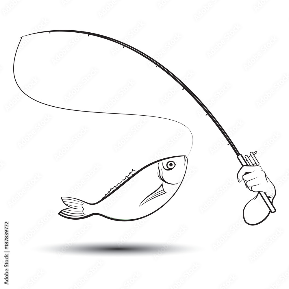 black outline hand catching fish with fishing pole vector cartoon
