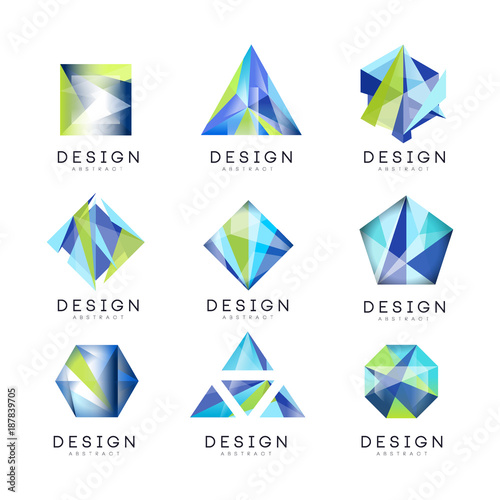 Abstract logo design set, crystal gem geometric badge vector Illustrations