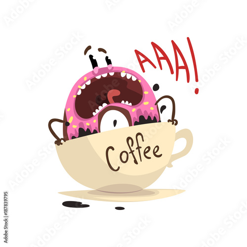 Frightened donut drowning in cup of coffee. Cartoon character of doughnut with vanilla glaze and sprinkles. Flat vector design for cafe poster, print or sticker