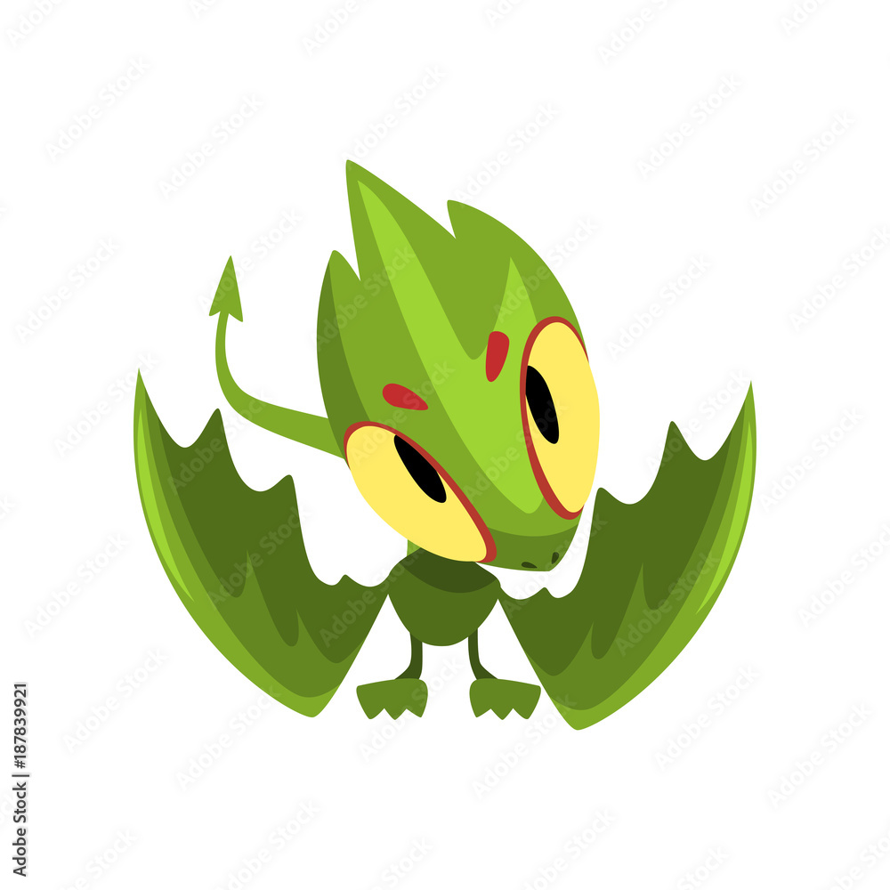 Green baby dragon with funny muzzle. Cartoon character of fairy tale  creature with big eyes, wings and long tail. Flat vector design for  sticker, mobile or computer game Stock Vector | Adobe