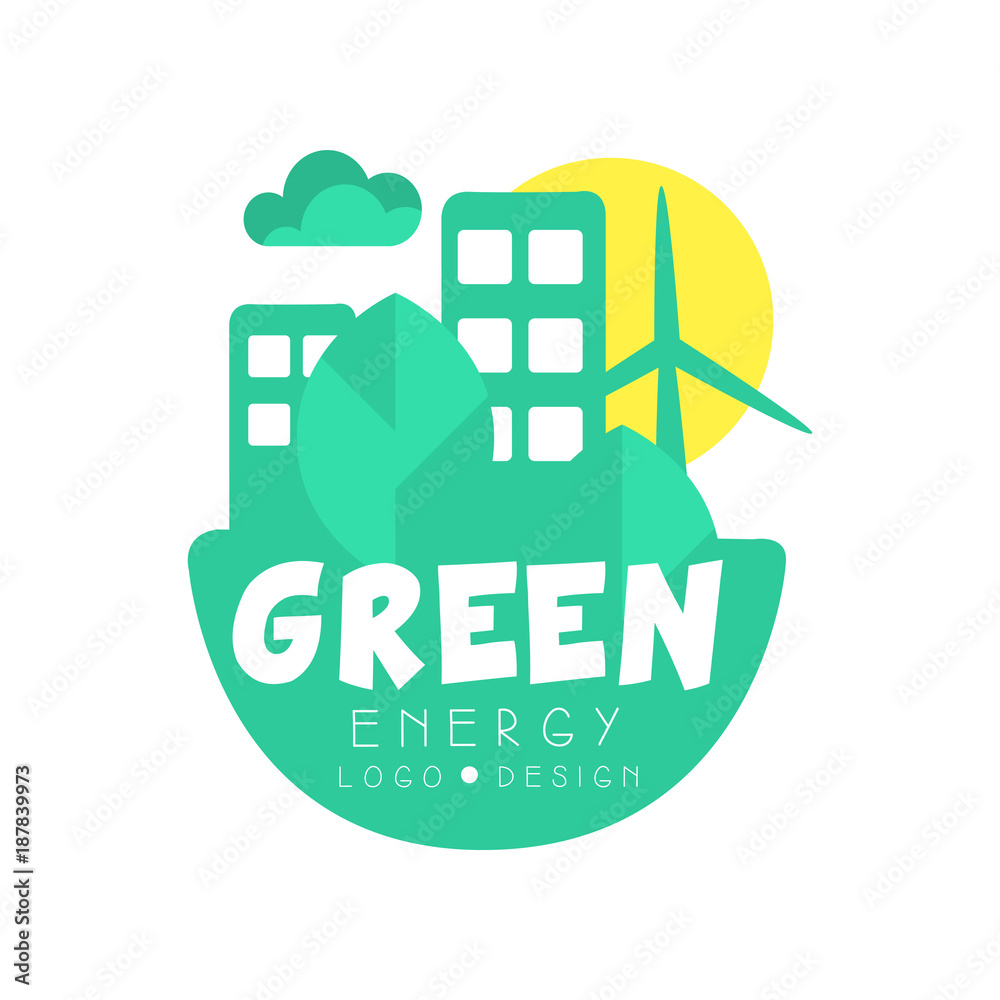 Green energy logo original design template. Eco-friendly clean city concept with buildings, trees and windmill. Flat vector isolated on white.